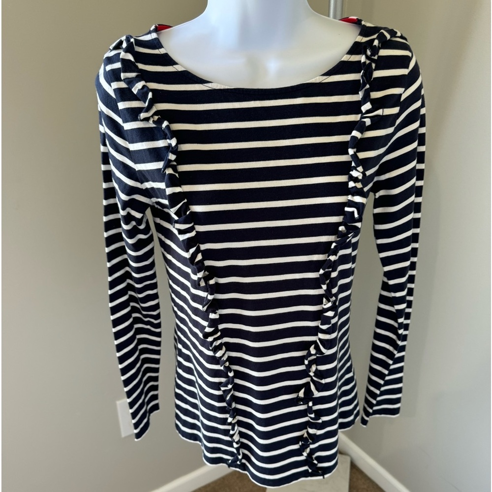 Boden Size 2 Long Sleeve T-Shirt Navy Blue White Stripe Ruffles Scoop‎ Neck Top